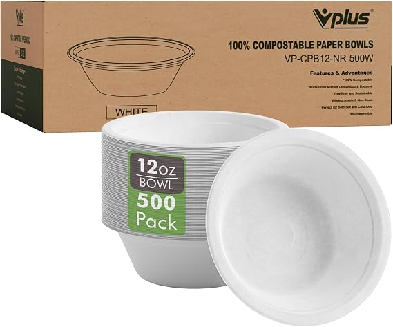 Vplus 500 Pack 12 OZ Compostable Paper Bowls, Bagasse Bowls Bulk,White | Disposable Compostable Bowls Bulk, Eco-friendly Bagasse Bowls, Heavy-duty Bowls, Perfect for Milk Cereals, Snacks, Salads