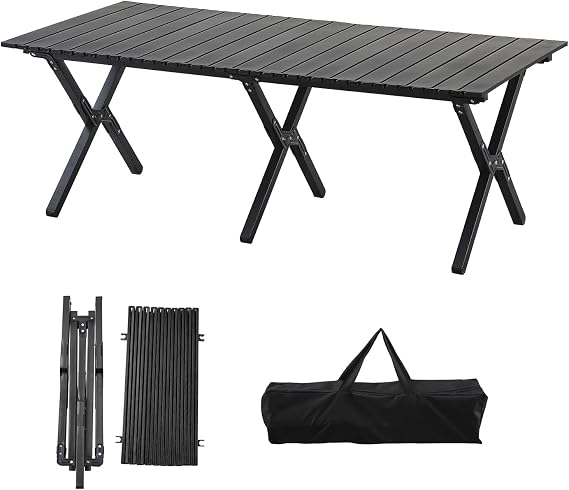 Outdoor Table, 47.2 x 23.6 x 17.3 inches 120 x 60 x 44 cm, Camping Table, Aluminum, Roll Table, Folding Table, Portable, Lightweight, Compact, For Outdoors, Dinners, BBQs, Events, Black