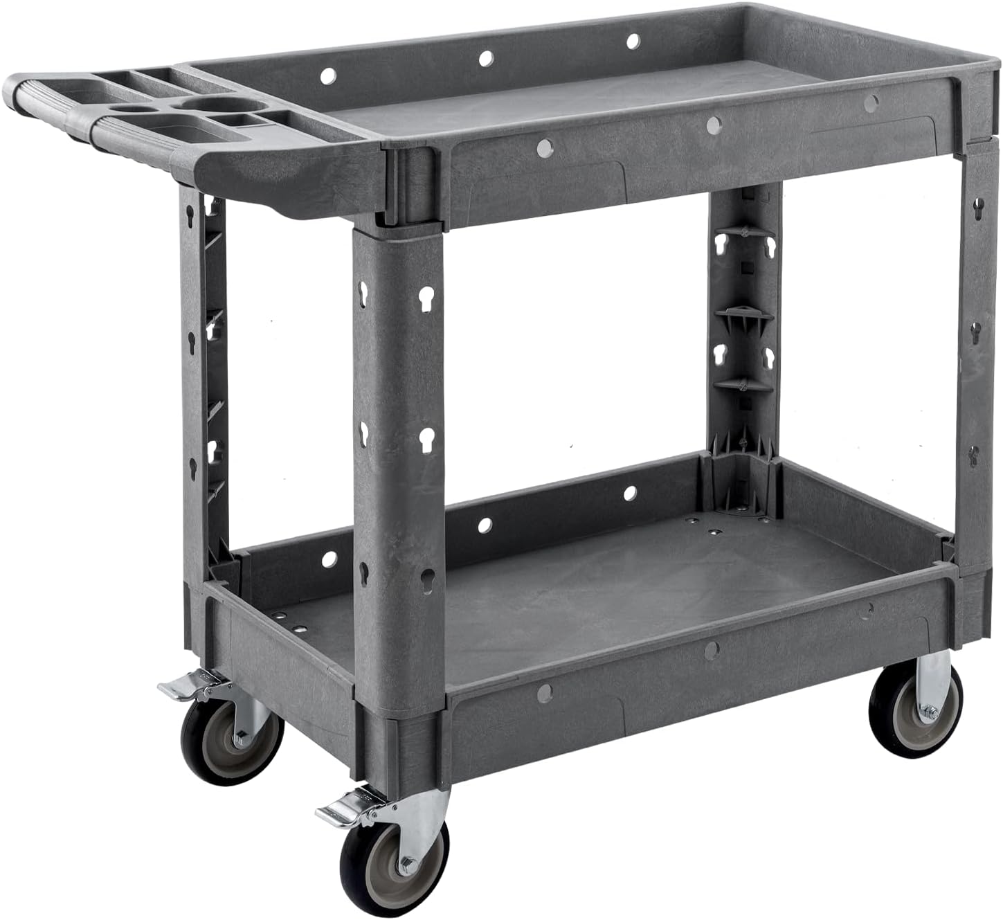 640 LBS Capacity Heavy Duty Utility Cart with Wheels, Plastic 2-Tier Rolling Tool Cart Grey, 360° Universal Wheels with 2 Brakes for Warehouse, Garage