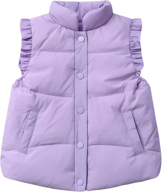 Wyeysyt Toddler Girls Ruffle Puffer Vest Button Sleeveless Padded Gilet Winter Cute Jackets Outwear 3-10 Years