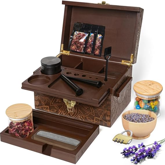 Three Way Cut Stash Box Bamboo Storage Box with Combination Lock – Wooden Organizer Box with Removable Tray, Glass Jars & Accessories, Decorative Lockable Bamboo Box with Lid Stashbox - Dark Brown