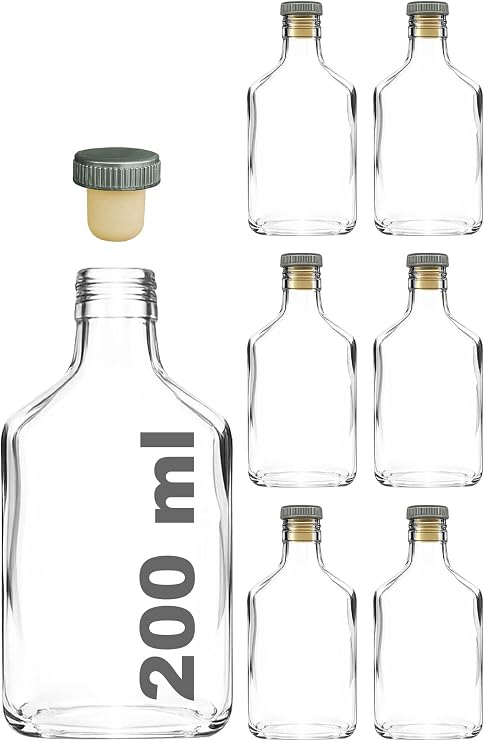 Afracam 200 ml Yassı Şeffaf Cold Brew Şişesi Kapaklı 200 cc Soğuk Kahve Cam Şişe 6 Adet (6, Sentetik (Tıpa) Gri)