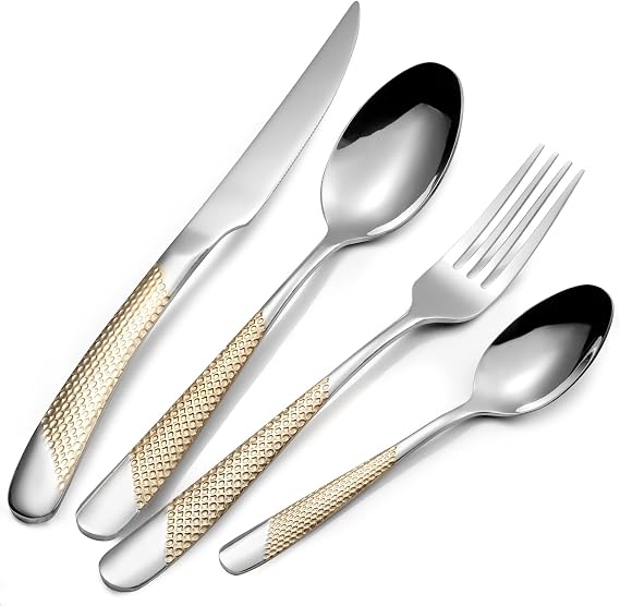 24 Piece Gold Hammered Silverware Set for 6, Premium Food-grade Stainless Steel Flatware Set, Luxury Design & Mirror Polished Cutlery Set, Eating Utensil Set with Fork Knife Spoon, Dishwasher Safe