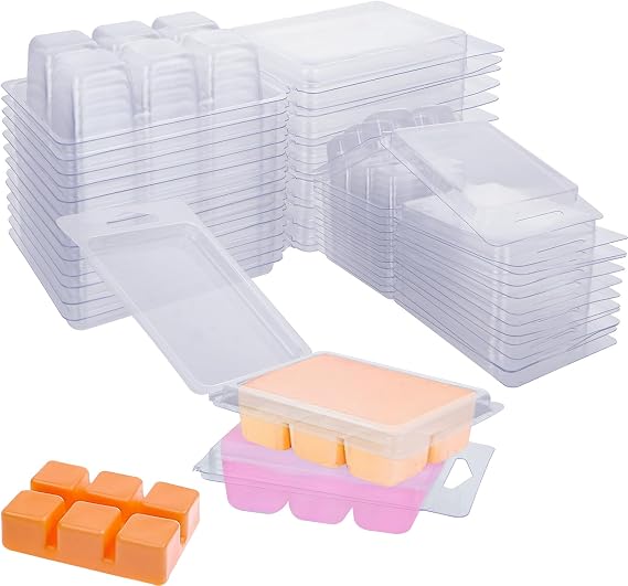 150 Pack Wax Melt Clamshell Molds Container, 6-Cavity Clear PET | Button-Down Seals, Hanging Holes, Smooth Label Panels Support Storage Or Display, DIY Candles Wickless Tarts Candles