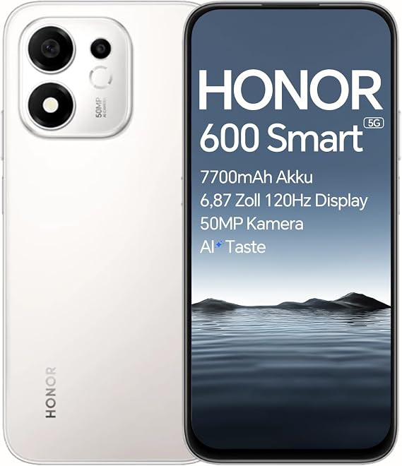 HONOR 600 Smart 5G Smartphone, 4+128GB, 7700mAh Akku, 6,87 Zoll 120Hz Display, Snapdragon 4 Gen 2 Pro+, AI Taste, 50MP Kamera, Dual Stereo Lautsprecher, 2,5m Fallfestigkeit, IP64 wasserresistent