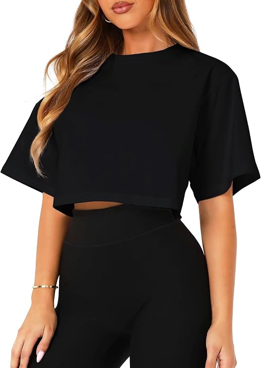 TZLDN Women Short Sleeve Oversized Cropped Tshirts Workout Loose Fit Boxy Tee Shirts Cotton Cute Basic Gym Summer Tops