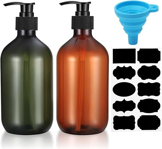 2 Pcs Pump Bottle Dispenser,500ML/17oz Refillable Empty Press Pump Bottles,Plastic Liquid Soap Dispenser Storage Holder Container for Liquid Soap,Lotions, Shampoo,with Funnel, Label Paper(Brown/green)