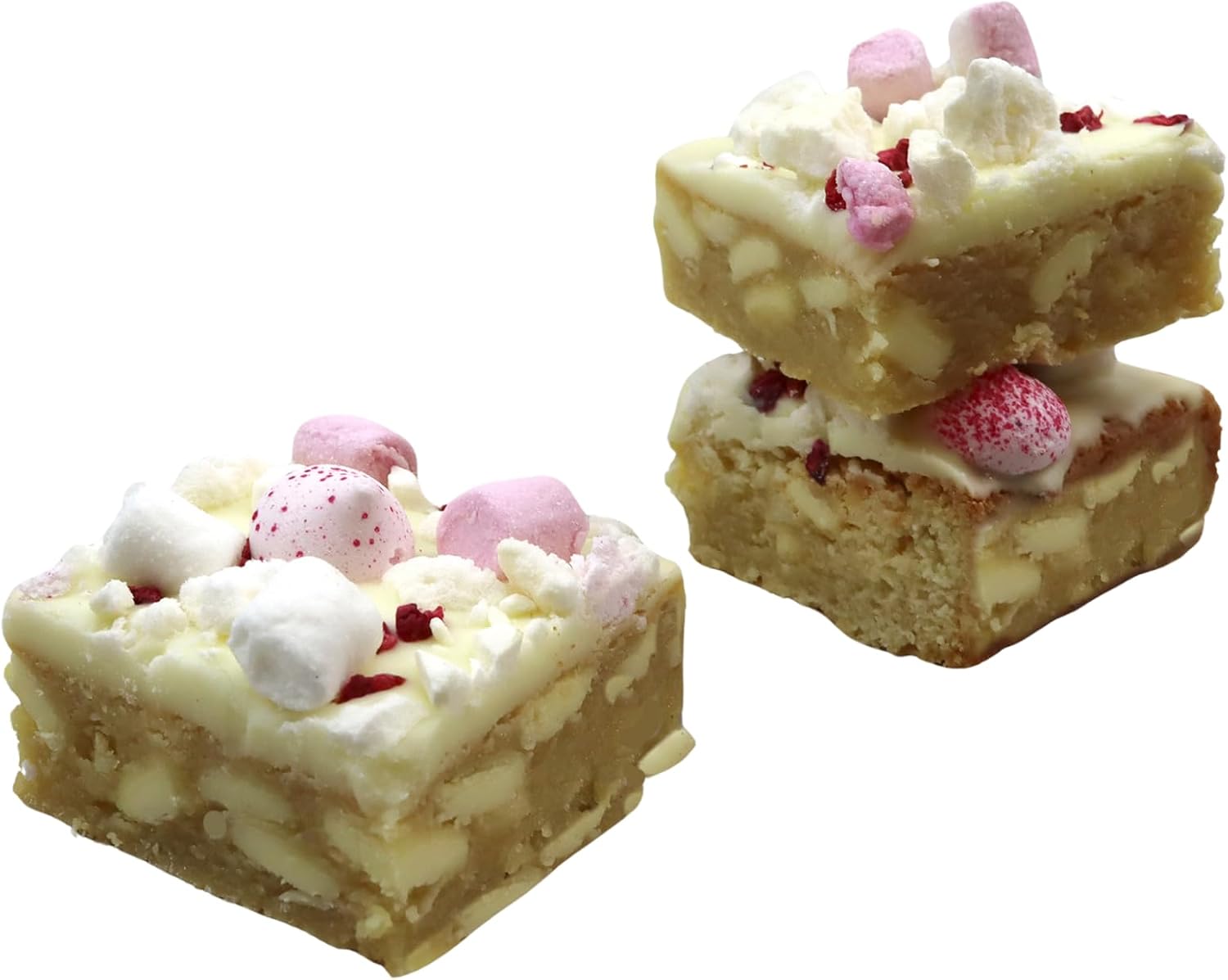 Raspberry Eton Blondies | Homemade Postable Blondie Cakes | White Chocolate Blondies Topped With Meringue Pieces | Perfect For Birthdays Or Just As A Gift