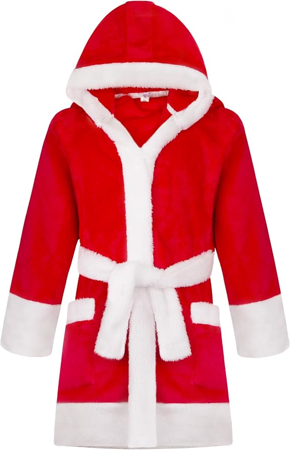 BIG ELEPHANT Kids Hooded Robe Flannel Fleece Bathrobe for Boys Girls, Coral Plush Overall Sleepwear, Christmas Gift