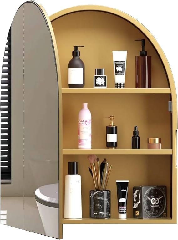 Gold Arch-Shaped Wall Mirror Cabinet–Apartment Entrance Bathroom Living Room Multi-Layer Storage Organizer, Wall-Mounted Decorative Cabinet