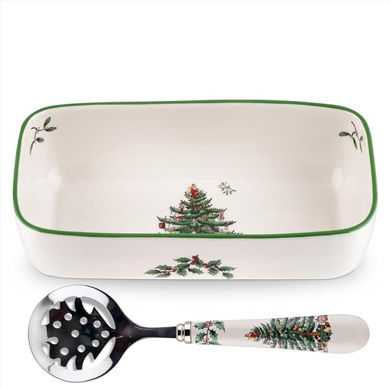Spode Christmas Tree Cranberry Sauce Serving Dish with Slotted Spoon (8"x 6.5") - Rectangular Holiday Server with Holiday Motif - Dishwasher, Microwave, Freezer Safe Serveware for Entertaining