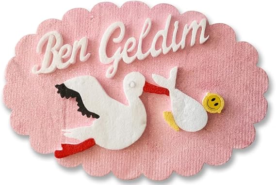 Pembe Simli Strafor Bebek Kapı Süsü - Leylek Figürlü "Ben Geldim" Yazılı Kız Bebek Hastane Odası ve Bebek Odası Duvar Dekoru - 45x30 cm