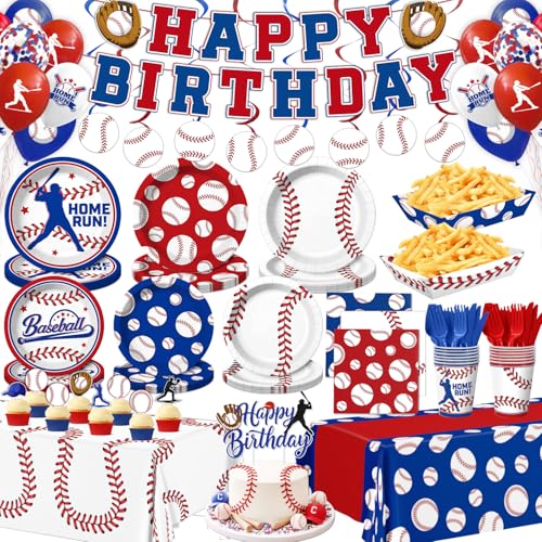 210 Pcs Baseball Party Paper Plates Tableware Set Serves 24, Baseball Birthday Party Decorations Include Banner Plates Napkins Cups Forks Knifes Tablecloth Topper Balloons Food Trays For Party