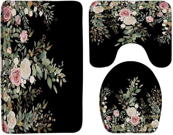 GCTNBJL Leaves Floral 3 Piece Bath Mat Sets,Green Leaves Pink Flower Boho Botanical Tropical Leaf Bohemia Plant Nature Black Bathroom Rug,16"x24"Bath Mat,Toilet Seat Cover,U-Shaped Toilet