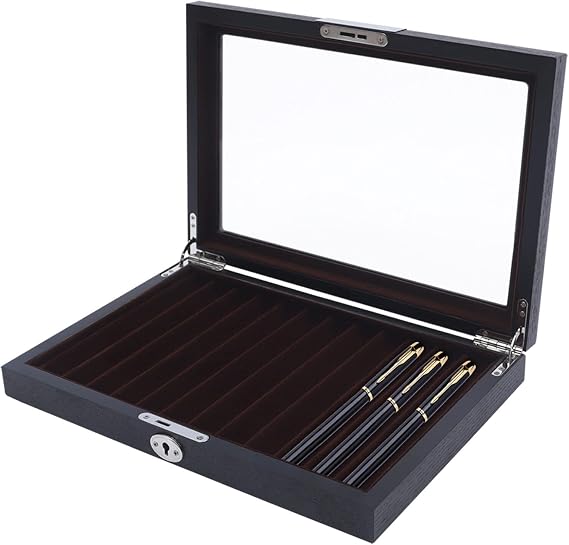 Pen Display Box, 12 Pens Wooden Black Display Box 1-Layer Ball-pen Collector Organizer w/Clear Window & Key, for Shop, Home, Father's Day Gift