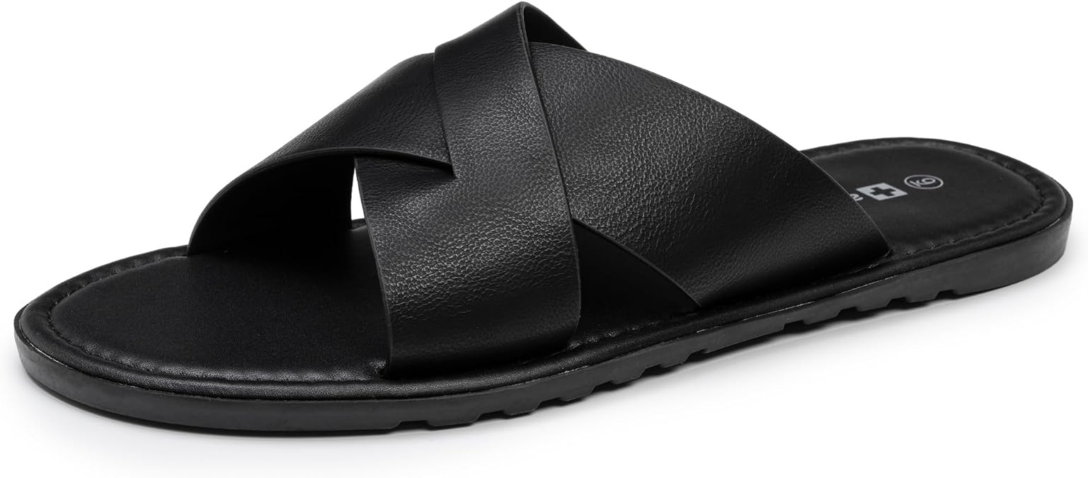 Alpine Swiss Hugo Mens Vegan Leather Slide Sandals | Dressy & Comfortable Indoor Outdoor Shoes | Cross Strap Design for Casual & Elevated Wear | Water-Resistant & Anti-Slip Traction Flip Flops