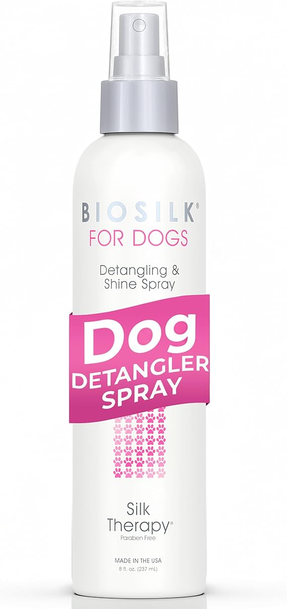 BioSilk for Dogs Silk Therapy Detangling and Shine Protecting Spray, pH Balanced Leave-In Mist with Silk and Vitamins for Dematting, Paraben-Free, All Coats and Breeds, 8 Fl Oz