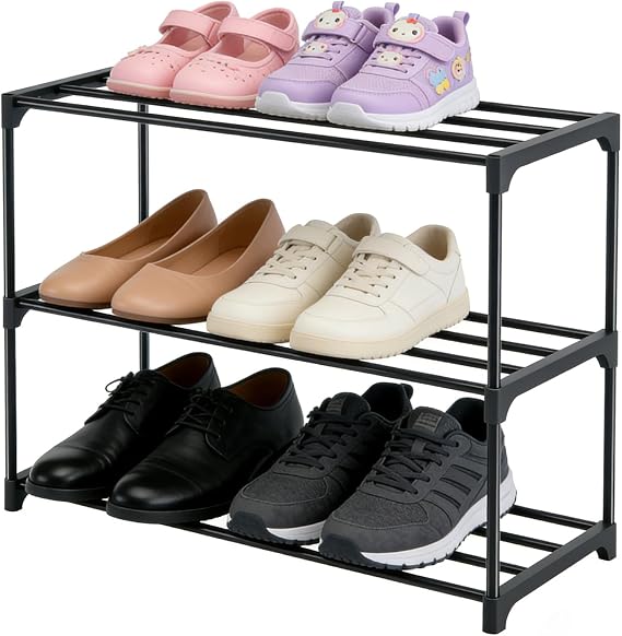 3 Tier Shoe Rack, Space Saving Metal Footware Storage Rack, Narrow Metal Storage Organiser, Easy Assembly, Stackable Shoe Shelf Stand for Hallway, Living Room, Bedroom