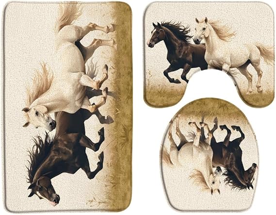 Horse Bathroom Rug Set of 3,Western Farm Animals Running Fields Desert Farmhouse Wildlife Bath Mats Set for Bathroom, Washable Cover Floor Rug Decor