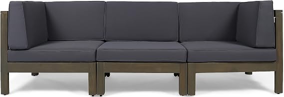 GDFStudio Outdoor Sectional Sofa Set - 3-Seater - Acacia Wood - Outdoor Cushions - Gray and Dark Gray