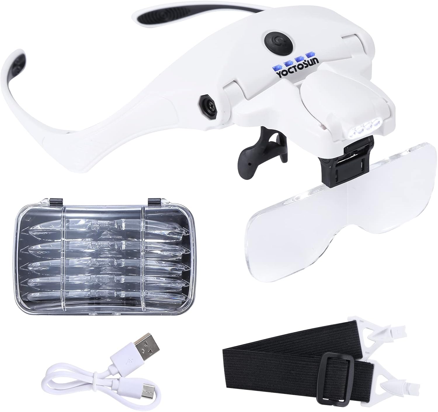 YOCTOSUN 4 LED light magnifying glass, with 5 removable lenses, 1X, 1.5X, 2X, 2.5X 3.5X - Rechargeable hands-free light head magnifying glass for crafts, cross stitching, hobby