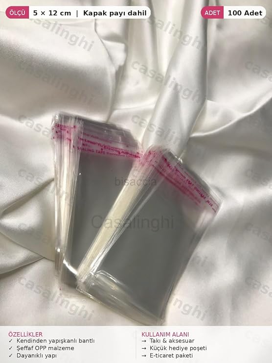 Şeffaf Jelatin Poşet 100 Adet 5x12 cm Kendinden Yapışkanlı Bantlı OPP Torba Kapak Payı Dahil Ambalaj – casalinghi