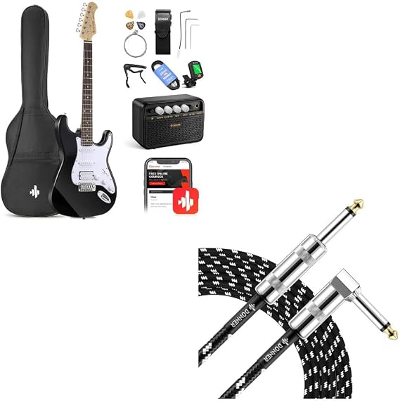 Donner DST-100B 39 Inch Electric Guitar Beginner Kit + Guitar Cable 10 ft Black White