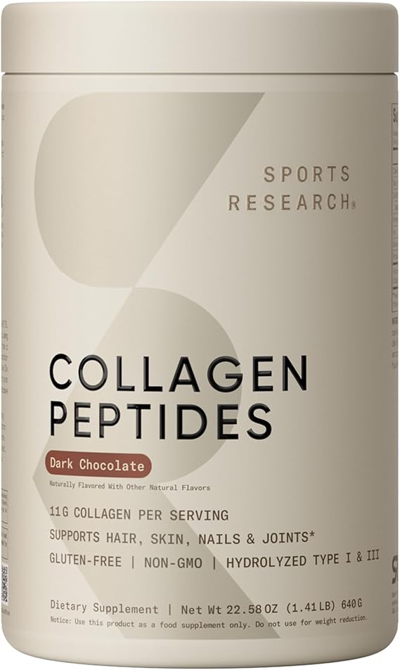 Sports Research Collagen Peptides Protein Powder, Dark Chocolate (1.41lb) | 11g Grass-Fed Collagen per Scoop Hair, Skin & Joint Support Easy to Mix in Coffee & Shakes Sugar-Free, 40 Servings