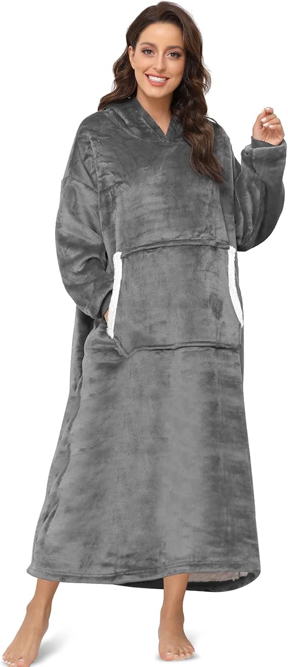 Sendowtek Wearable Blanket for Women Men Long Sherpa Hoody with Big Pocket Cosy Oversize Hoodie Blanket Pajama for Adult Teen (Black)