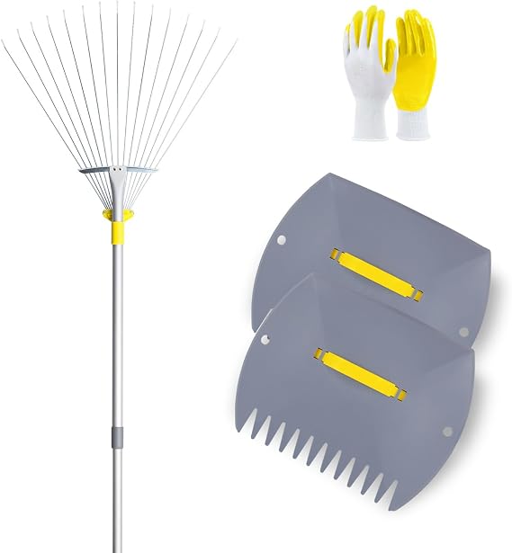 Jardineer Leaf rake Set Includes a rake, Leaf Scoops and Garden Glove