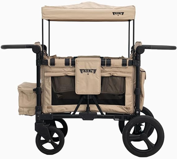 Keenz MOOV 2-Passenger All-Terrain Stroller Wagon with Reclining Seats, Cooler Bin, Push/Pull Handle, and Rubber Wheels – Foldable Wagon for Kids and Toddlers, Mocha