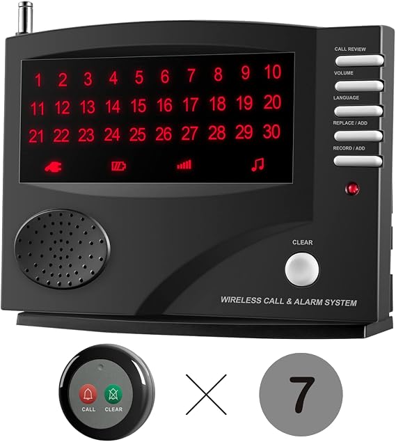 Wireless Call System with 7 Dual Function Call Buttons and 1 Central Monitoring Unit Black