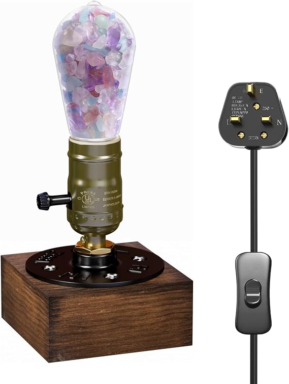 Vintage Industrial Wooden Table Lamp with Crystal Accents, E27 Retro Desk Light Bedside Lamp with UK Plug, ON/Off Switch, Steampunk Rustic Reading Light for Living Room,Cafe Bar Decor [Energy Class G]