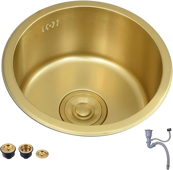 Gold Stainless Steel Kitchen Sink Bar Counter Dishwashing Basin 32/36/40cm Round Small Sink Above and Below Counter Single Bowl Sink(36 * 36cm)