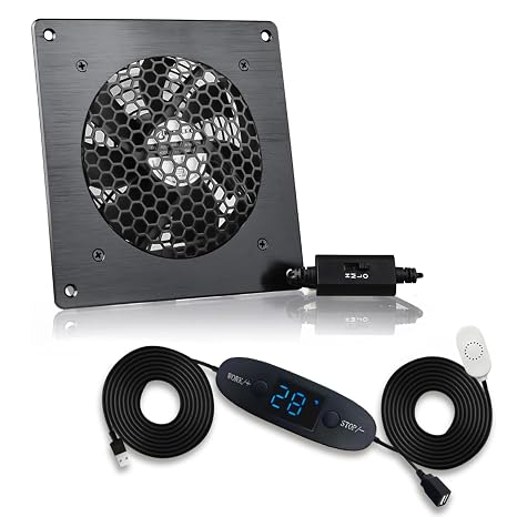 USB Fan 120 mm, Digital Display, Temperature Control, Quiet Fan System, 5 V Fan, with Modern Brushed Black Aluminium Frame for Home Cinema AV Cabinet, Pet Cave (Pack of 1)