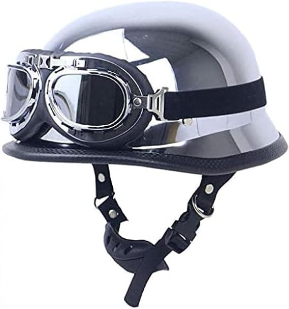 German Style Skull Hat Retro 1/2 Motorcycle Helmet Mirror Chrome Silver Half ABS Shell Helmet Vintage Open FaceHelmets for Moped Moto Chopper Chrome Scooter +Pilot Goggles, DOT Approved, S-XXL