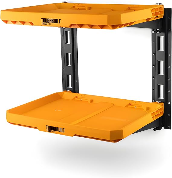 ToughBuilt StackTech 2-Shelf Wall Mounted Storage System, 50 lb Per Shelf | Heavy-Duty Shelving with 2 Metal-Bracket Shelves, 20-Inch E-Track Rails & Tie-Down Points, Holds StackTech Boxes