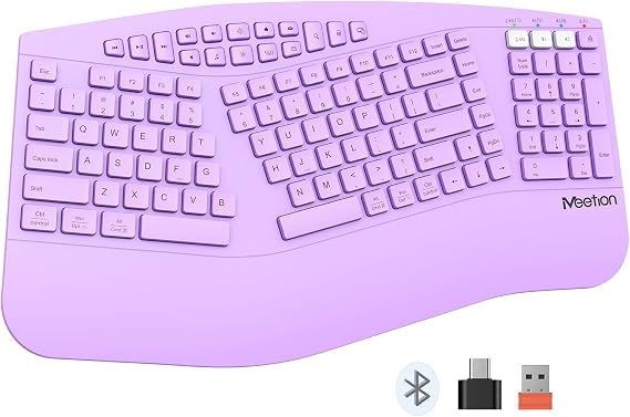 MEETION Ergonomic Keyboard Wireless, Multi-Device Bluetooth Keyboard, Full-Sized Split Computer Keyboards, Wrist Rest for Natural Typing, for Windows/Mac/Laptop/Table/PC, Purple