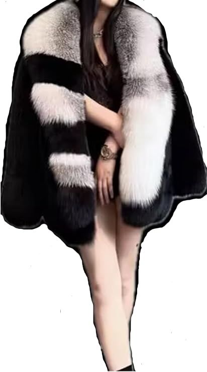 FURINFASHION JR-02 Women's Winter Warm Luxury Real Fox Fur Coat Fluffy Unique Fashion Autumn Plush Clothing Jackets Ski Suit (as1, alpha, 5x_l, regular, regular, Black)