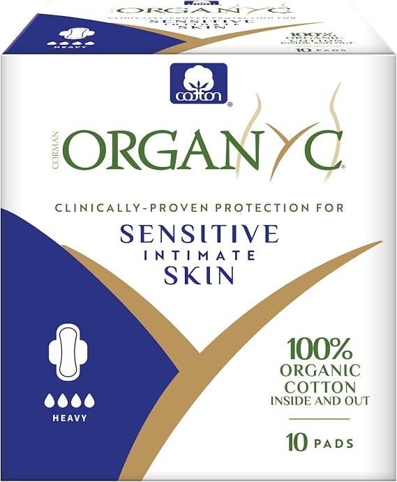 Organyc 100% Certified Organic Cotton Inside and Out Feminine Pads, Sanitary Napkin, Heavy Flow, 10 Count