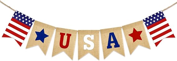 GCQQ 250th Anniversary USA Banner Burlap - 9.8FT 4th of July Red White Blue Patriotic Garland for President Day Independence Day Memorial Day Celebration Party Rustic Banners Decor, Pre-Assembled