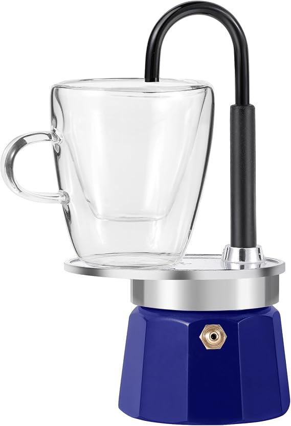 MVPLUE-Mini Express Swiss Single Tube Moka Pot Aluminum Blue,Moka Set includes One Double Wall 3oz Cup,Enjoy delicious coffee in no time