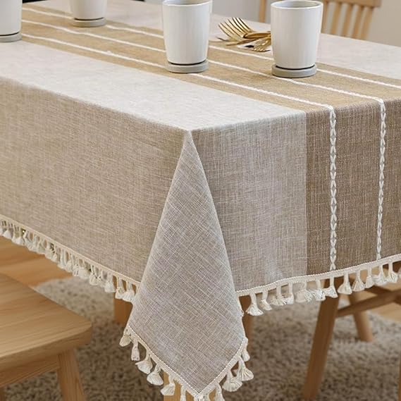 Tablecloths for Rectangle Tables, Cotton Linen Table Cloth Non-slip Tablecloth Wrinkle Free Farmhouse Dining Table Cover, Soft Fabric Table Cloths with Tassels, Coffe, 55" X 70", 4-6 Seats
