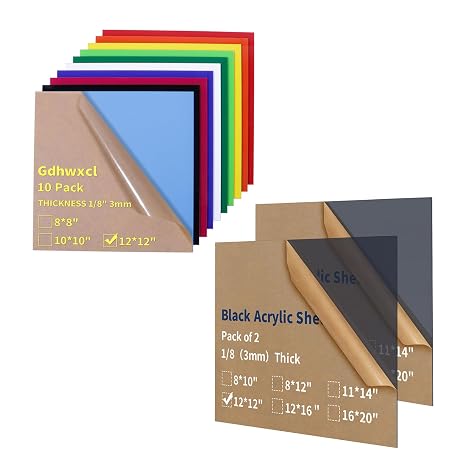 1/8 Thick 12 x 12 inch Acrylic Sheets 12 Pack Plexiglass Sheets, Black Translucent with Colored