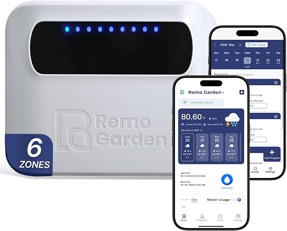 Indoor Smart Sprinkler Controller 6 Zone, WiFi Automatic Irrigation Timer, Easy-Use App Remote Control, Flexible Programs, Save Water via Rain, Wind&Freeze Skip,Quick Install, with Alexa