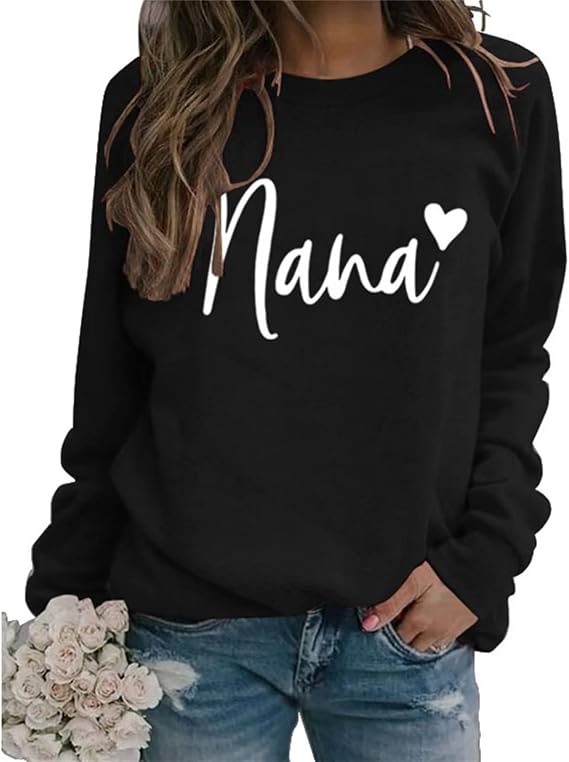 Nana Gift Sweatshirt Women's Love Hear Graphic Nana Retro Crew Neck Pullovers Tops Lightweight Sweatshirt Grandma