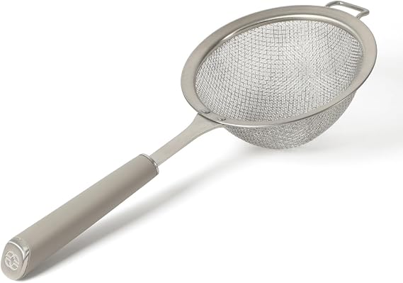 Calphalon Edge Stainless Steel Mesh Strainer with Thermoplastic Rubber Handle, Fine Kitchen Sieve for Draining, Rinsing, Sifting & Food Prep Tasks, Taupe