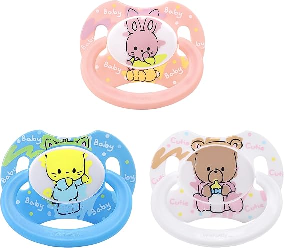 LittleForBig Adult Pacifier with Lid Baby Cuties, Set of 3, Blue Kitty, Pink Bunny, White Bear