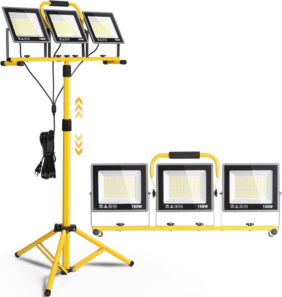 31000 Lumen LED Work Lights with Stand - 3 Head Portable Work Lights with 16.5FT Cords - IP66 Waterproof Foldable Tripod Work Lamp for Outdoor Indoor Job Site Construction Garage Site Lighting (6500K)