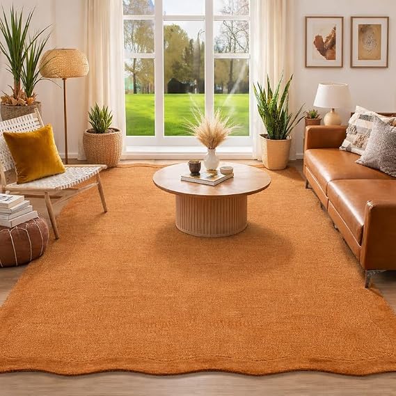 Modern 100% Wool Hand-Tufted Area Rug 5x7 Feet Brownt Orange Solid Scalloped Edge Carpet for Living Room & Bedroom Contemporary Handmade Rug by AADIRUGS